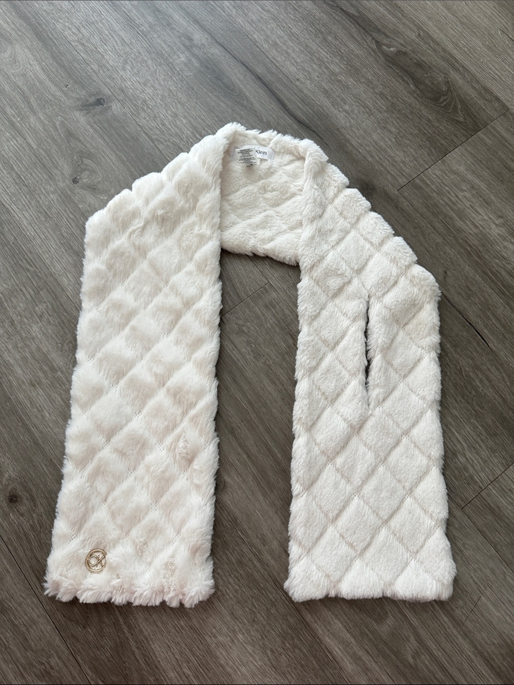 Calvin Klein Cream Quilted Faux Fur Scarf with Gold Logo